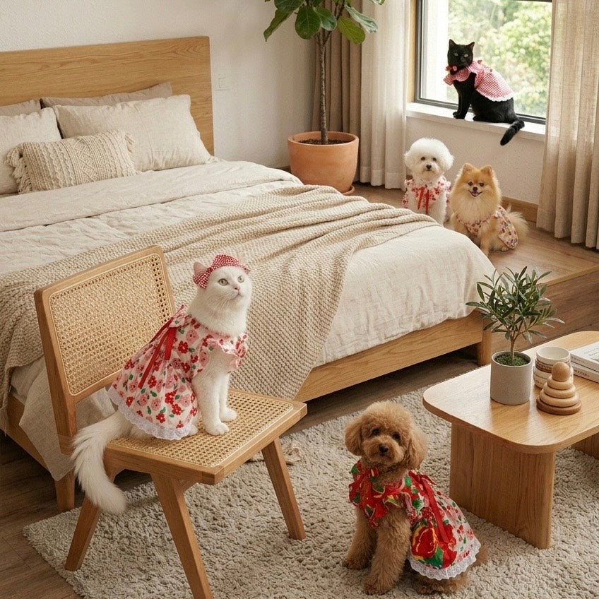 Cute Pet Bow Dress - Soft Cotton Outfit with Lace Hem, for Cats🐾, Chihuahuas & Small Dogs🐶-XXS