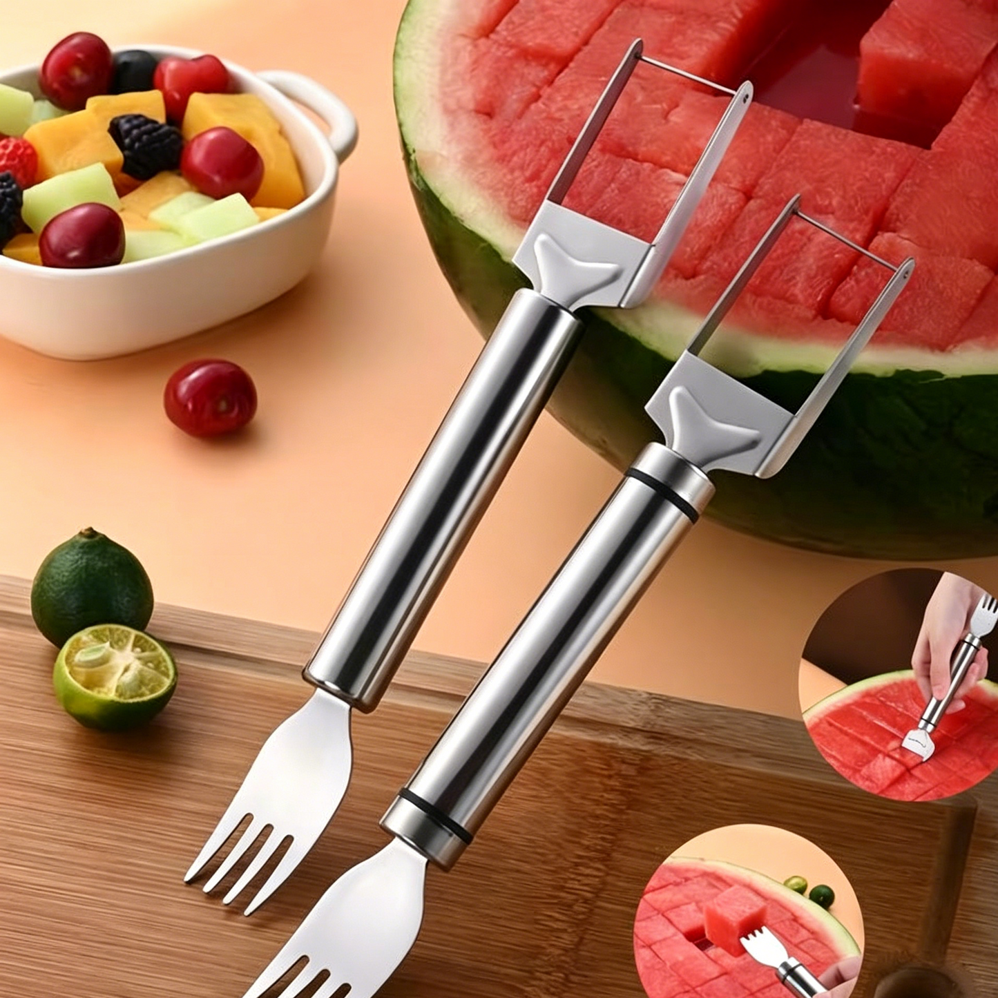 🍉2 Pack 2-in-1 Watermelon Fork Slicer🍉, Stainless Steel Fruit Cutter Cube Cutting Tool-VEX