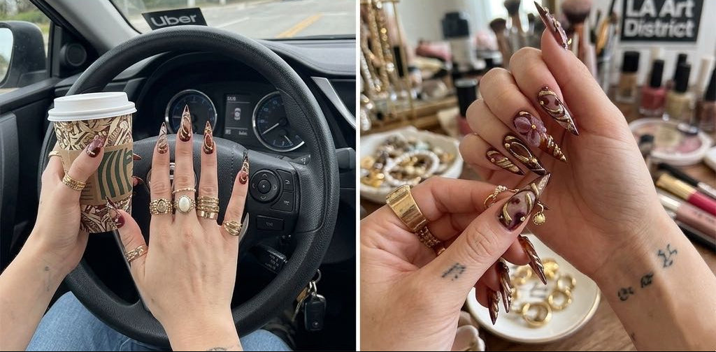 Luxury Press On Nails - Brown Ombre with 3D Floral & Gold Accents,Reusable, Salon-Quality-XXS