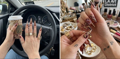 Luxury Press On Nails - Brown Ombre with 3D Floral & Gold Accents,Reusable, Salon-Quality-XXS