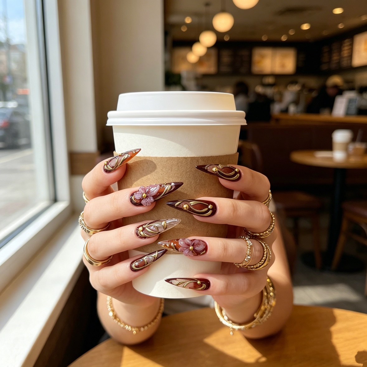 Luxury Press On Nails - Brown Ombre with 3D Floral & Gold Accents,Reusable, Salon-Quality-XXS