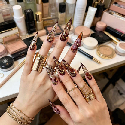 Luxury Press On Nails - Brown Ombre with 3D Floral & Gold Accents,Reusable, Salon-Quality-XXS