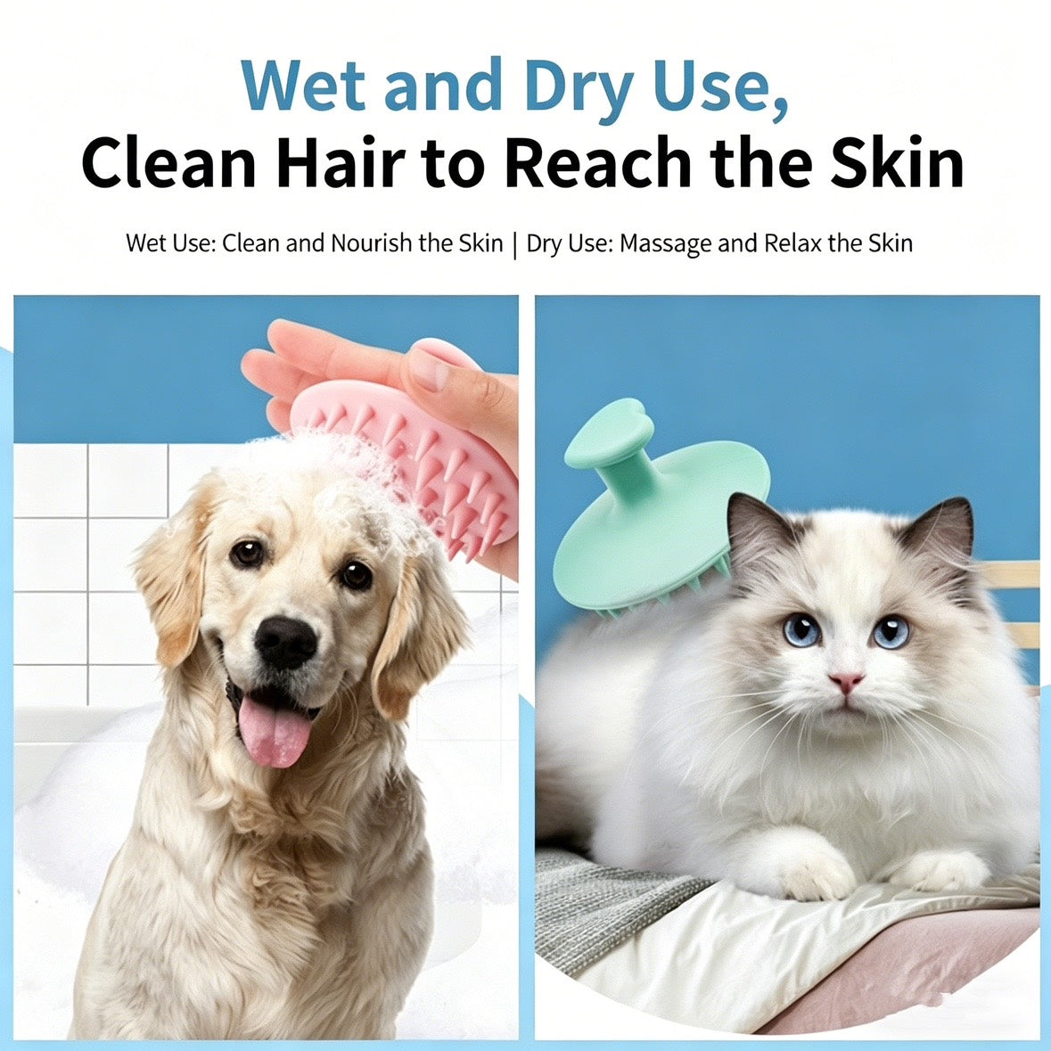 Pet Bath Brush & Grooming Comb - 2-in-1 Hair Removal Massage Brush,Soft Silicone Bristles for Deep Cleaning.-XXS