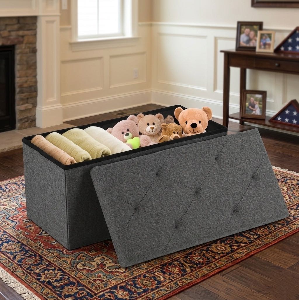 Large Foldable Storage Bench, Multi-Functional Ottoman,350lbs Capacity, Grey Linen.-XXS