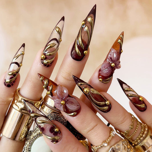Luxury Press On Nails - Brown Ombre with 3D Floral & Gold Accents,Reusable, Salon-Quality-XXS