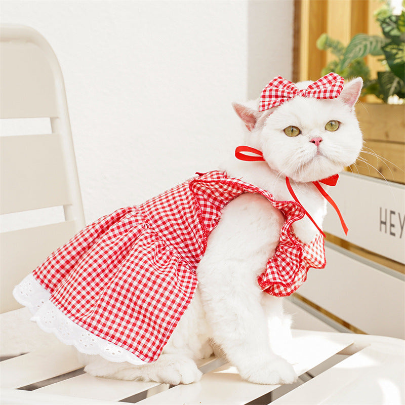 Cute Pet Bow Dress - Soft Cotton Outfit with Lace Hem, for Cats🐾, Chihuahuas & Small Dogs🐶-XXS