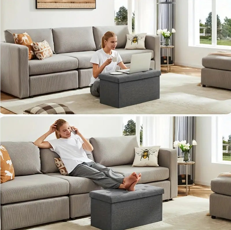 Large Foldable Storage Bench, Multi-Functional Ottoman,350lbs Capacity, Grey Linen.-XXS