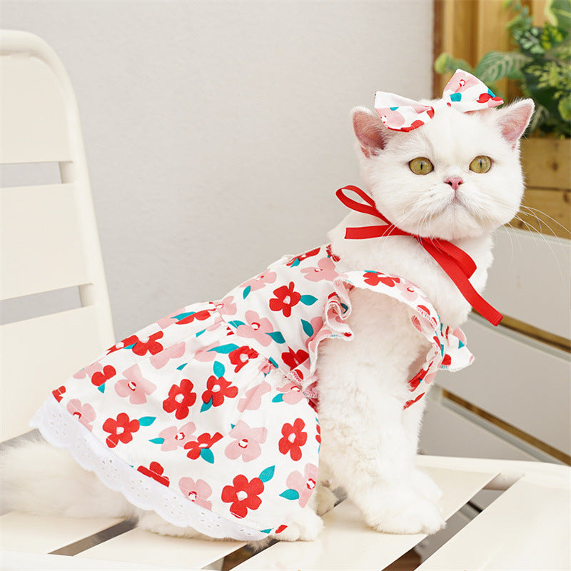 Cute Pet Bow Dress - Soft Cotton Outfit with Lace Hem, for Cats🐾, Chihuahuas & Small Dogs🐶-XXS