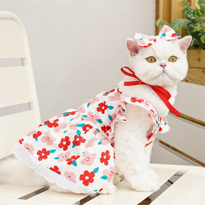 Cute Pet Bow Dress - Soft Cotton Outfit with Lace Hem, for Cats🐾, Chihuahuas & Small Dogs🐶-XXS
