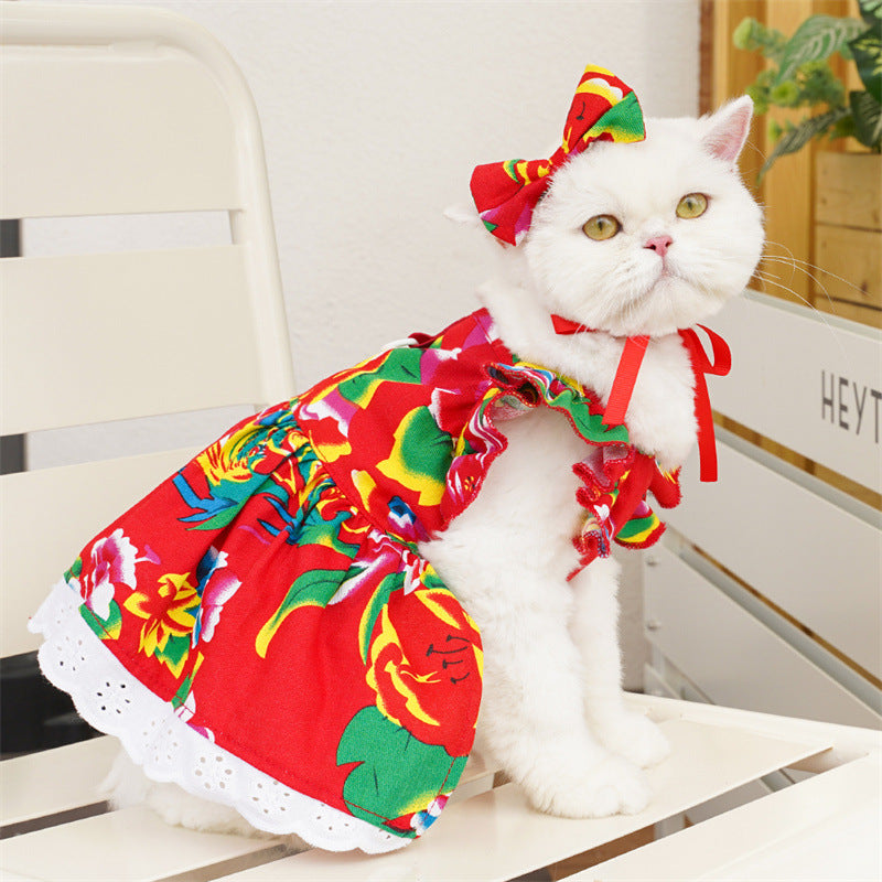 Cute Pet Bow Dress - Soft Cotton Outfit with Lace Hem, for Cats🐾, Chihuahuas & Small Dogs🐶-XXS