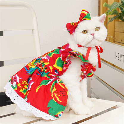 Cute Pet Bow Dress - Soft Cotton Outfit with Lace Hem, for Cats🐾, Chihuahuas & Small Dogs🐶-XXS