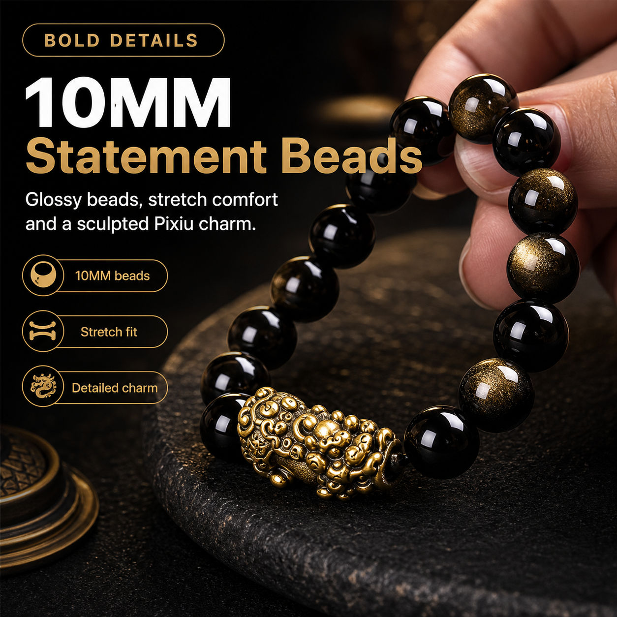 [Storelloo Pixiu bracelet gallery] 10MM bead details and stretch fit